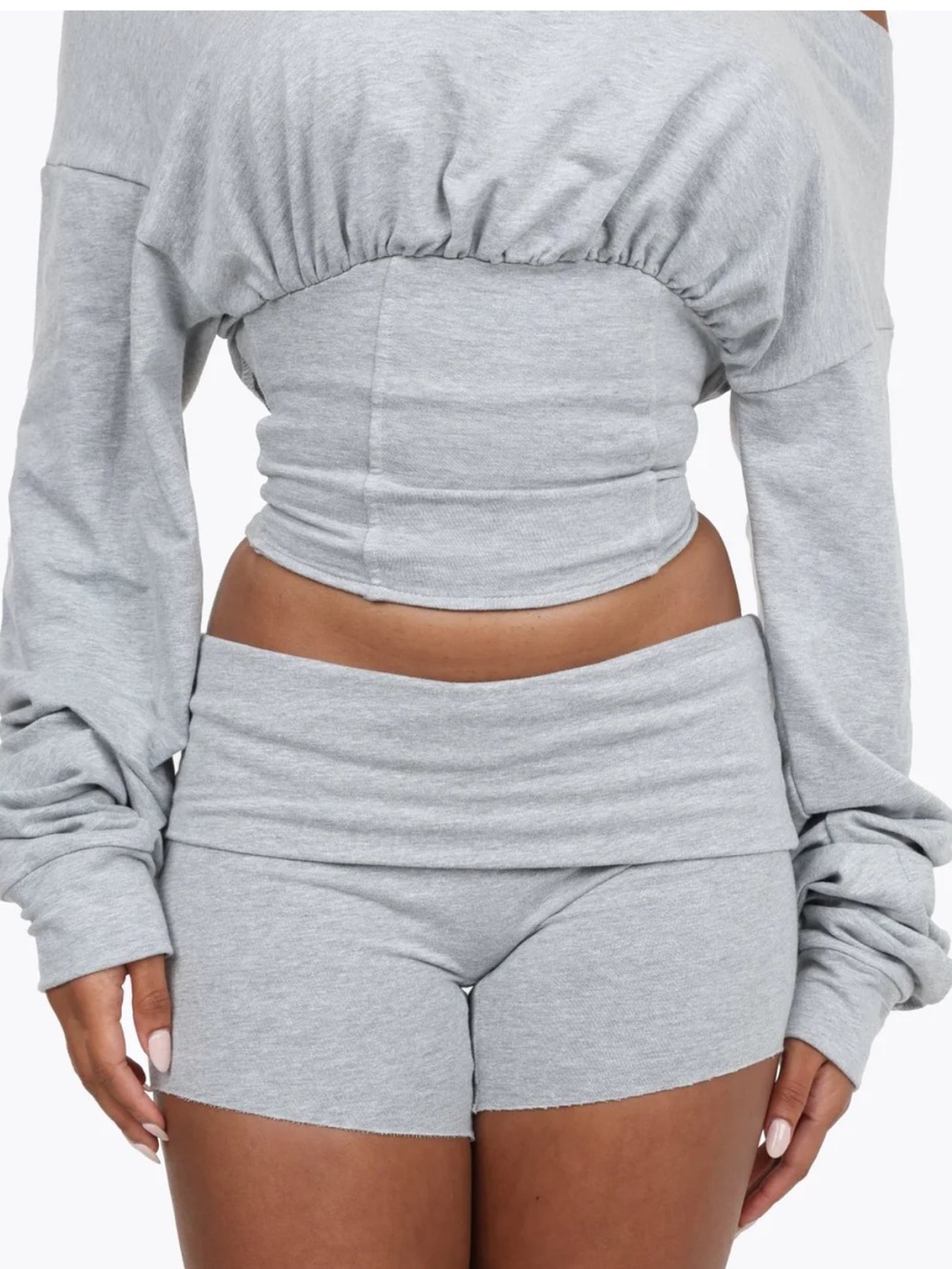 Heather Gray Lace-Up Cropped Hoodie & Shorts Set (Never Worn) - Picture 2 of 3